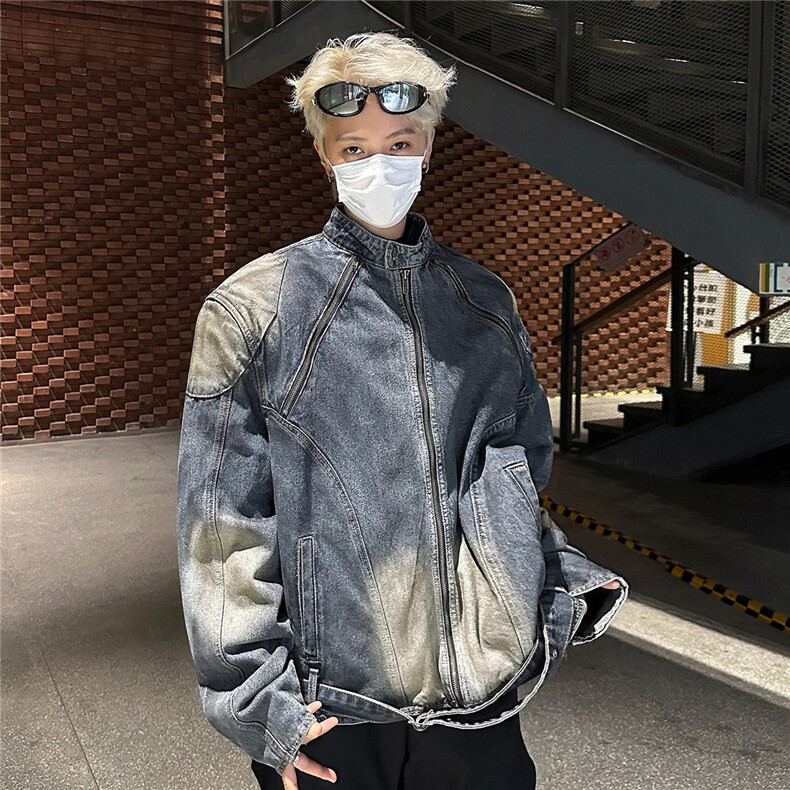 2025秋新款水洗立领收腰腰带垫肩短款牛仔外套夹克JK8962,男装工装外套,星座1108