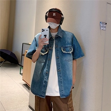cuibuju原创小众垫肩牛仔衬衫男宽松夏季阔腿七分裤做旧两件套潮，男装牛仔裤，星座813-2