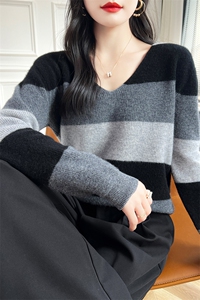 韩系撞色条纹针织毛衣女2025新款法式高级感宽松软糯保暖毛衫上衣图片