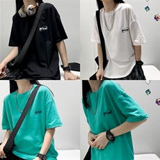 B2413-P38夏季圆领纯棉短袖湖蓝色英文简约百搭T恤潮男女情侣，男装T恤，星座1608