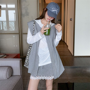灰色休闲减龄套装裙女2025春新款韩版宽松马甲连帽内搭短裙三件套图片