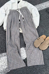 氛围感格子裤子男夏季薄款冰丝美式复古宽松直筒潮流松弛感休闲裤图片