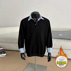重磅加绒硬挺boxy男女美式高街假两件衬衫领长袖卫衣POLO领打底衫，男装T恤，电商A486