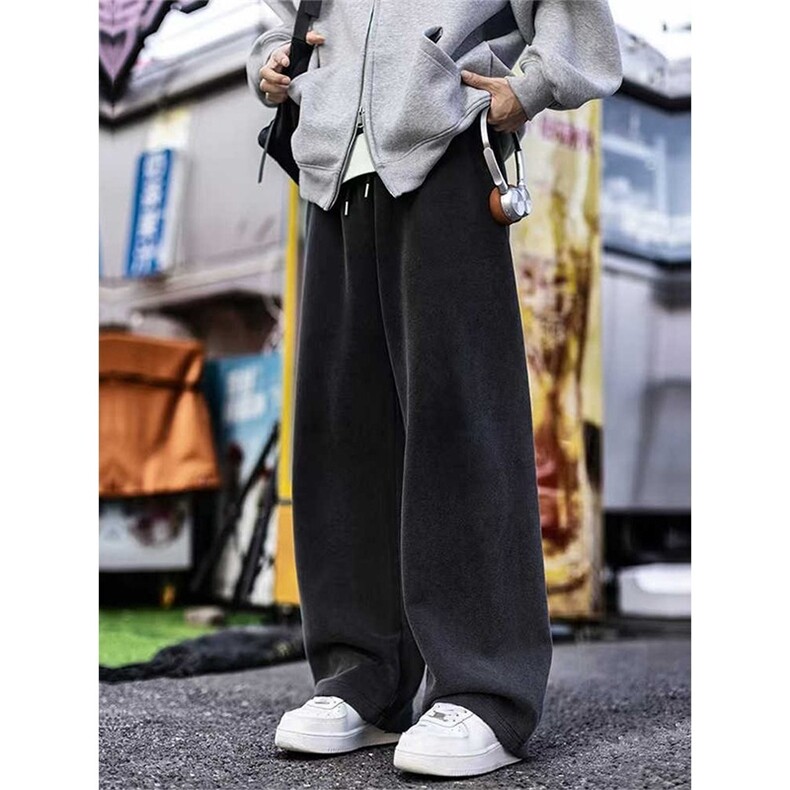 做旧直筒卫裤男秋冬加厚阔腿裤子慵懒风休闲长裤LM388-p50加绒58，男装休闲裤，星座1008