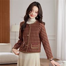 小香风外套配连衣裙女2025秋冬装新款高端格子毛呢显瘦百搭上衣，女装毛呢外套，婵米儿
