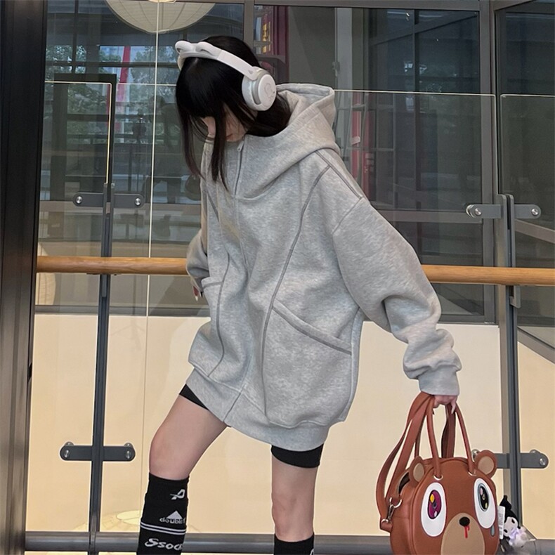 抖音得物高品质秋冬美式高街重磅结构辑明线纹理连帽卫衣外套W111,男装卫衣,电商A486