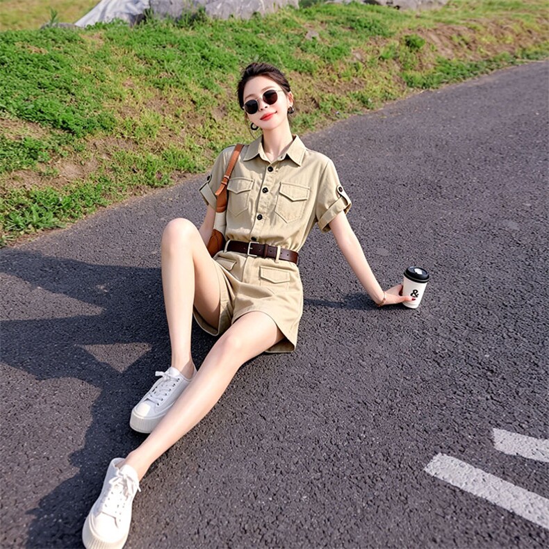 （新款现货）2026夏装时尚莱赛尔天丝棉麻工装连体短裤（配腰带）,女装连体裤,印象茜