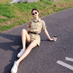 （新款现货）2026夏装时尚莱赛尔天丝棉麻工装连体短裤（配腰带）图片