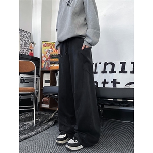 美式水洗做旧卫裤男女秋季潮牌拼接阔腿裤小众高街情侣百搭休闲裤图片
