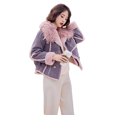 紫色兔毛皮毛一体外套女短款冬季2024新款韩版羊毛卷短款大衣，女装羊羔毛/颗粒绒，千千佰惠