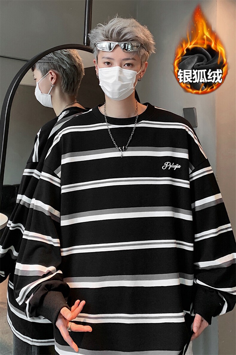 薄款改加绒特批P50无差价冬新条纹加绒加厚长袖T恤男士T1701J加绒,男装T恤,电商A001-1