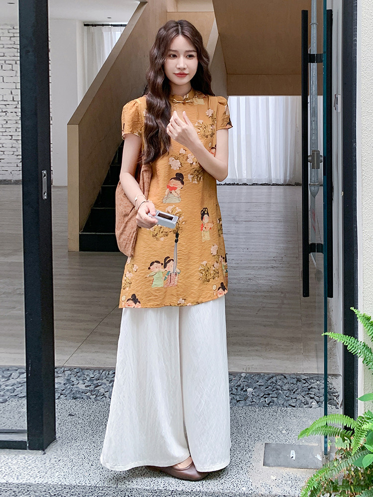 新中式复古印花改良旗袍套装女2025夏新款气质高级感阔腿裤两件套,女装套装/套裙,浙宝305