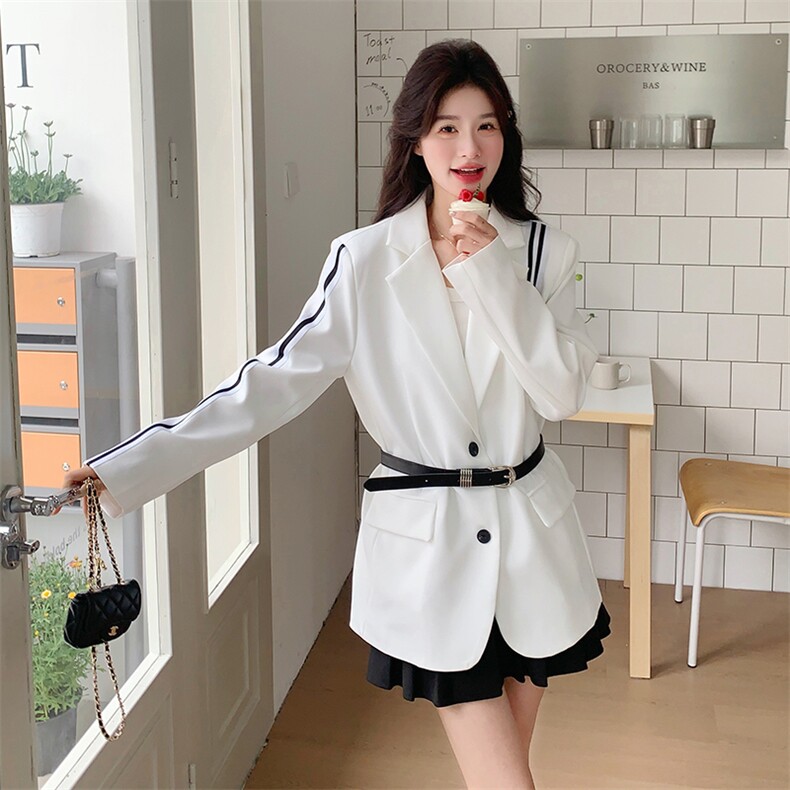 白色条纹撞色拼接西装外套2025春季新款高级感收腰休闲小西服上衣，女装西装，2C133