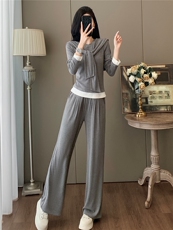 炸街休闲运动套装秋季新款女纯色长袖T恤外搭披肩阔腿长裤三件套，女装套装/套裙，江南