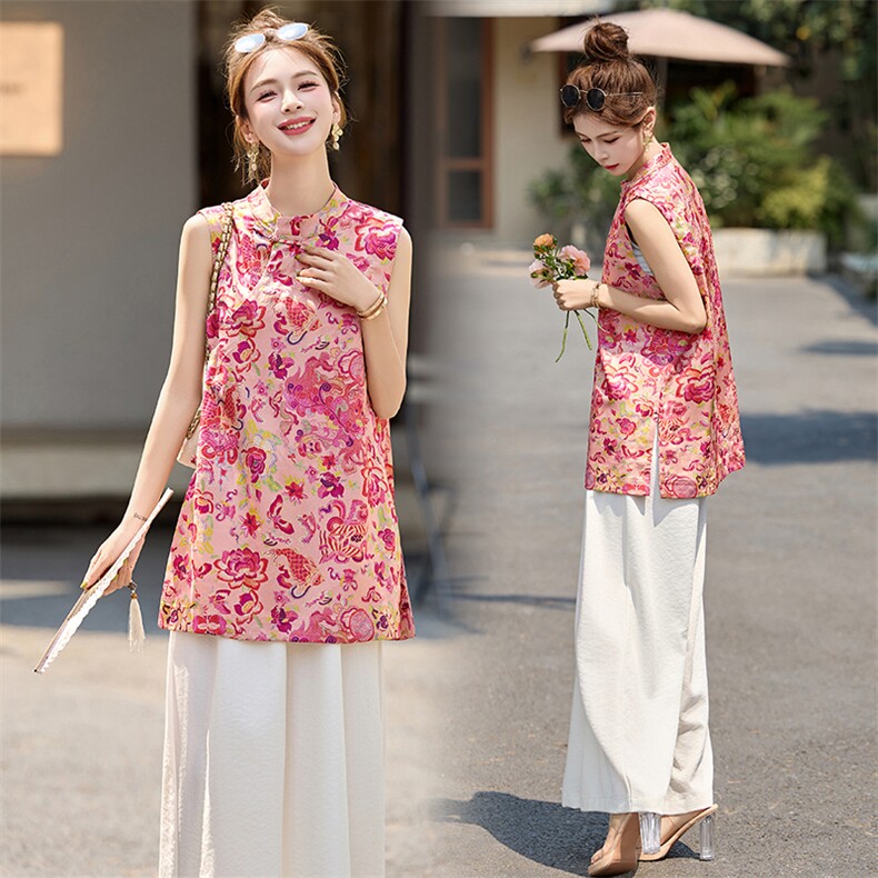 S28855田原~新中式国风无袖衬衫~炫彩印花复古立领斜襟马甲女夏，女装衬衫，恋慕依尚