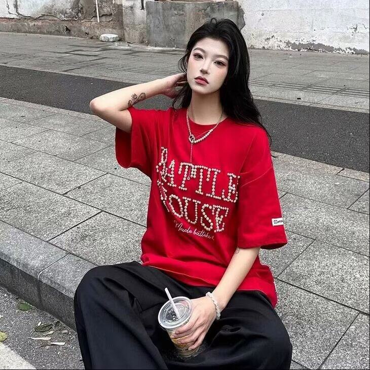 夏季质感立体珍珠字母刺绣T恤男中性美式复古百搭宽松上衣TK09,男装T恤,星座1116A（原606A-3）