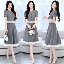 2022夏装新款淑女拼接蕾丝圆领单排扣气质短袖两件套，女装套装/套裙，芭米依尚