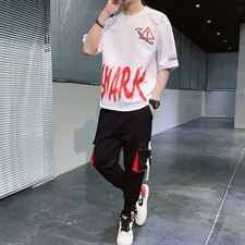 夏装新款潮牌半袖青少年运动休闲两件套T恤短袖套装男F162P75，男装套装，电商A086