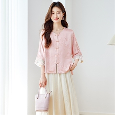 2025夏季新款新中式国风提花纽扣轻薄人丝中袖外套女显瘦防晒上衣，女装短外套，新依时派