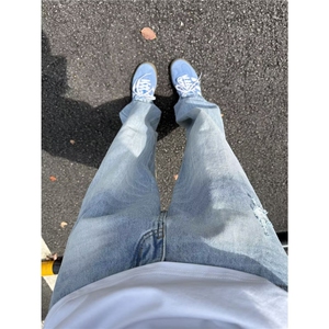cleanfit牛仔裤男美式小众显瘦裤子穿搭高街窄版直筒裤L83700-P47,军绿色长卫衣搭配什么裤子好看吗图片