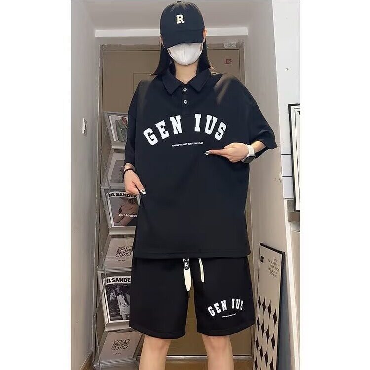 2025美式潮流POLO衫短袖男女同款夏季痞帅宽松上衣短裤套装男,男装休闲套装,星座1210-1