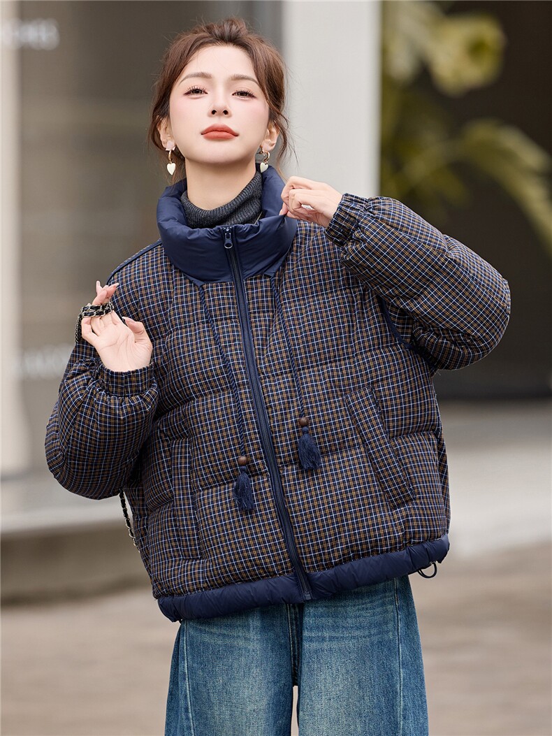 【现货现货】2025冬季新款格子羽绒服短款加厚保暖90白鸭绒面包服,女装羽绒服,一安秀
