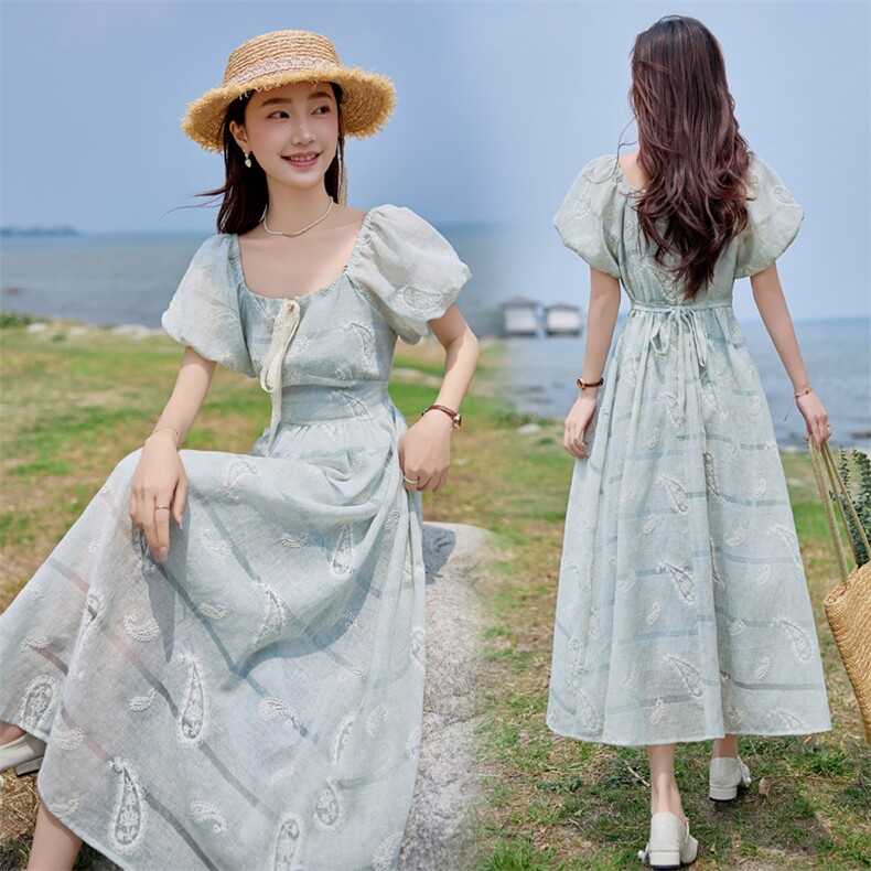 57157欧货25夏季新款欧货减龄时尚百搭显瘦方领泡泡袖连衣裙女潮，女装连衣裙，难舍钰依