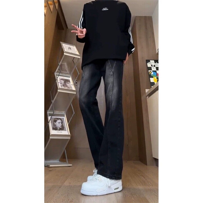 黑灰色微喇牛仔裤男款设计感拼接裤子美式高街vibe修身直筒工装裤,男装牛仔裤,电商D256A(原A064A)