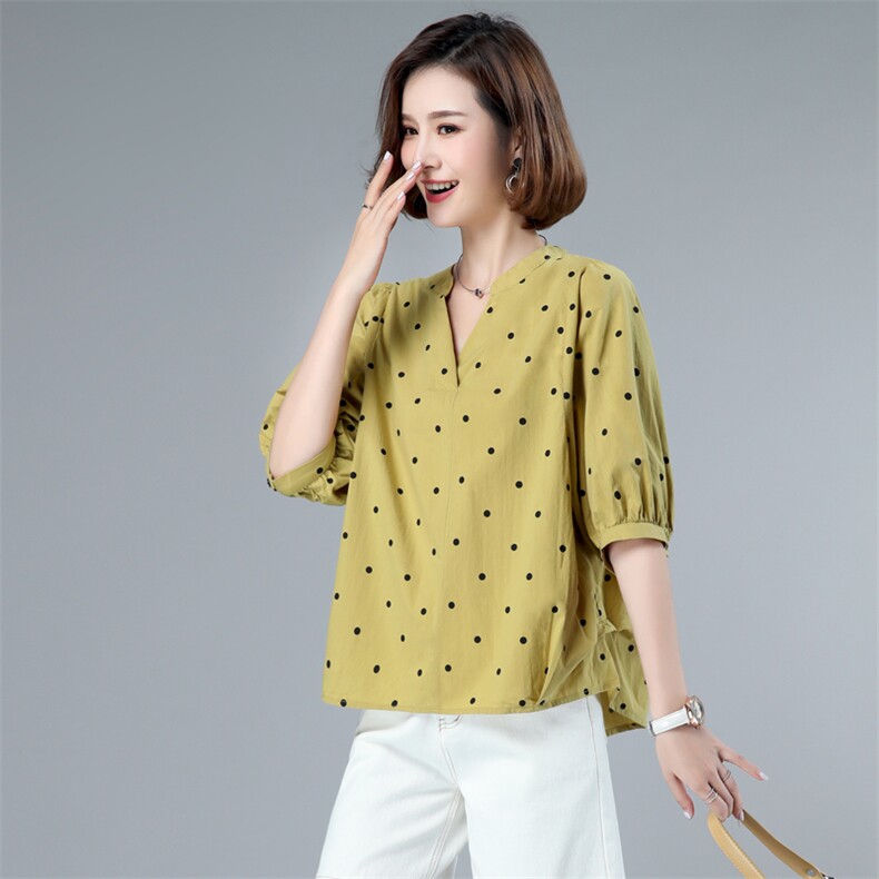 2023年春夏季新款潮纯棉衬衫女短袖韩版休闲时尚波点衬衣女半袖夏,女装衬衫,简韵佳