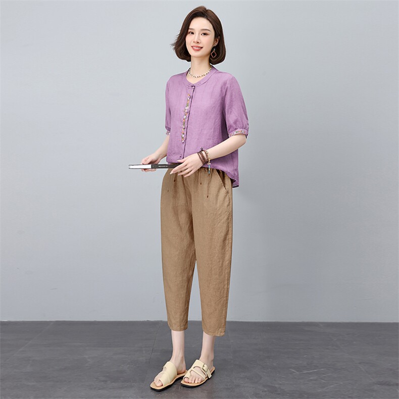 新中式高端苎麻刺绣套装女2025夏新款中年妈妈洋气减龄亚麻两件套,女装套装/套裙,涵誉