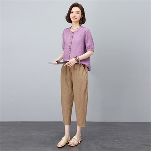新中式高端苎麻刺绣套装女2025夏新款中年妈妈洋气减龄亚麻两件套图片