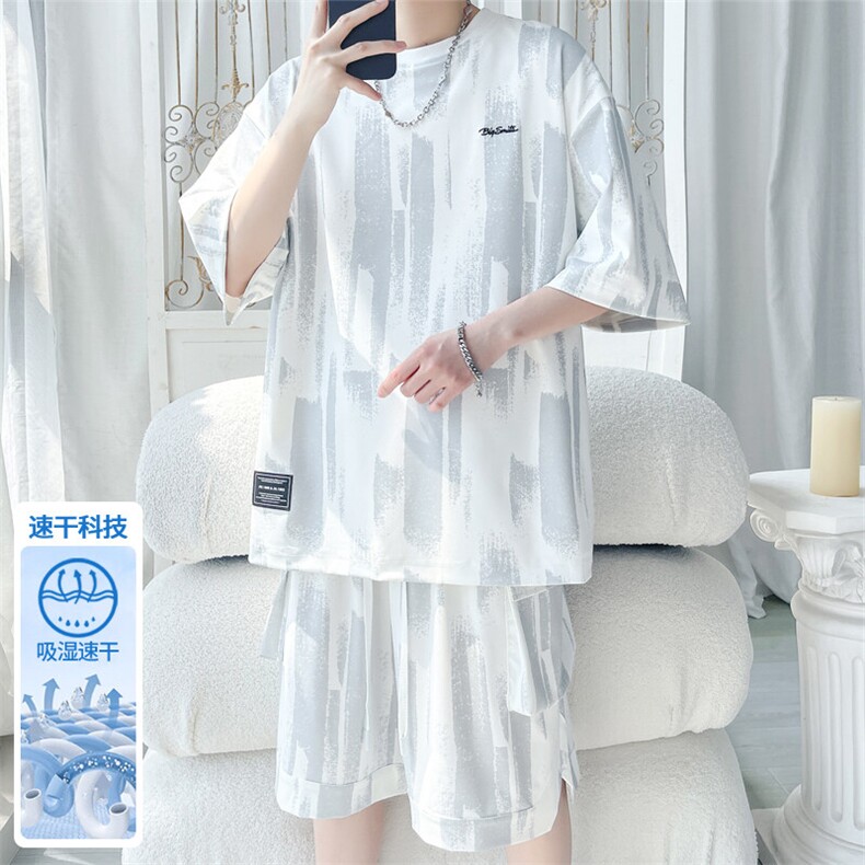 2025夏季新款旋律风车大码冰丝刺绣短袖套装M-5XHQ25580-P75，男装休闲套装，电商A022