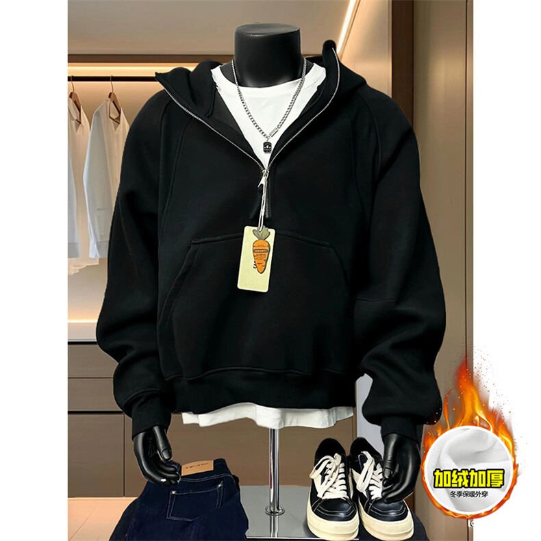 480G重磅加绒硬挺boxy男女秋冬美式高街结构半拉链卫衣开衫厚外套，女装短外套，电商A486-1