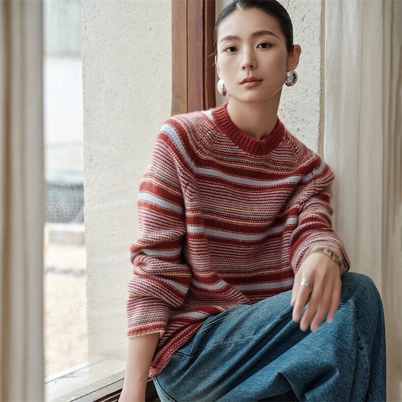 2025秋冬新款圆领套头纯羊绒衫女士彩条加厚重工毛衣休闲减龄百搭,女装羊绒衫,绒歆坊