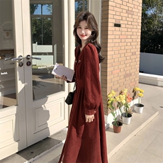 新品2C273-1103-P140-K228灯芯绒气质红色束腰鱼尾连衣裙，女装连衣裙，2C273