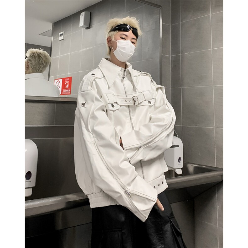 美式复古高街白色皮衣外套男秋款潮牌小众高级感短款机车服夹克,男装夹克,星座410-7