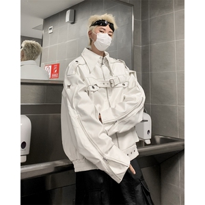 美式复古高街白色皮衣外套男秋款潮牌小众高级感短款机车服夹克图片