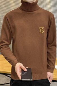 秋冬可翻高领毛衣男B纯色长袖男刺绣毛衫打底针织衫棕色M252P33图片