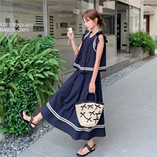 休闲藏青色花边背心半身裙套装女夏2025新款小个子两件套超火流行，女装套装/套裙，2C206