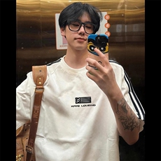夏季美式高街重磅纯棉三条杠织带撞色男女短袖T恤STG113特P25，男装T恤，电商A486