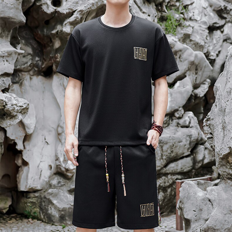 男士刺绣风休闲运动套装男T恤短裤两件套潮A266-TZ7707-P45,男装T恤,电商A266