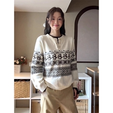 费尔岛复古花纹毛衣女秋冬慵懒风企鹅提花圆领针织衫宽松休闲上衣，男装针织衫/毛衣，星座516A