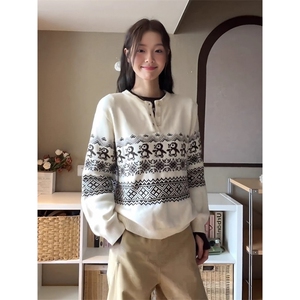 费尔岛复古花纹毛衣女秋冬慵懒风企鹅提花圆领针织衫宽松休闲上衣