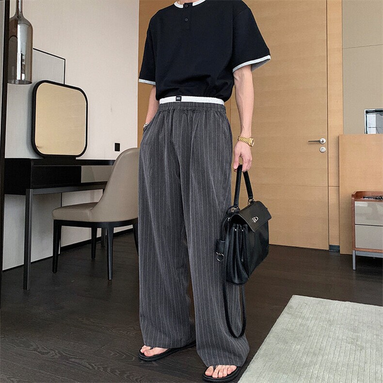 2025春夏垂坠感条纹腰头拼接休闲裤宽松抗皱阔腿复古长裤男图片