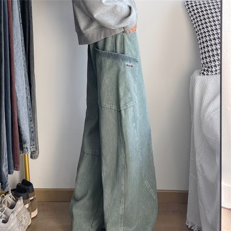 美式复古竖纹弯刀廓形工装牛仔裤男高街宽松拖地阔腿裤XK5510-P58,男装牛仔裤,星座1001-1