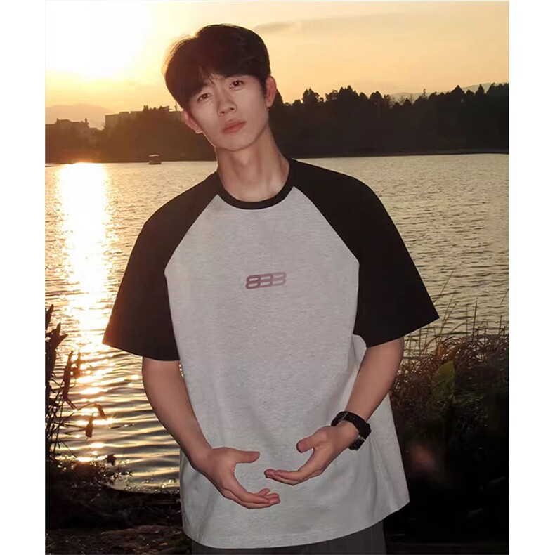 抖音得物高品质二开240克宽松纯棉美式潮牌插肩袖拼接短袖T恤，男装T恤，电商A486-1