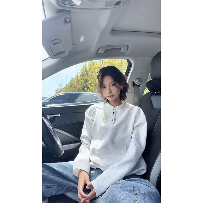 抖音得物品质美式高街重磅曼巴棉拼接cleanfit亨利领卫衣长袖T恤,男装T恤,电商A486