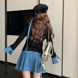 甜美牛仔拼接百褶短裙套装女春秋小个子两件套超火爆款高级感减龄图片