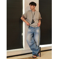 网图美式格子翻边设计短袖T恤双层撞色圆领体恤衫男H1088特P30，男装T恤，电商A341