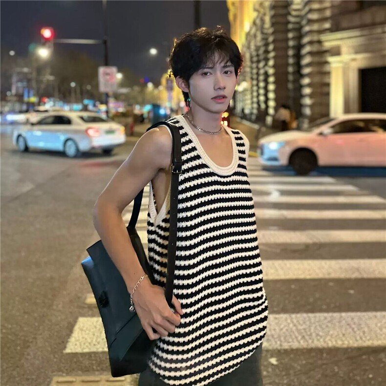 美式复古条纹针织无袖镂空背心男女潮牌时尚法式内搭舒适冰感上衣,男装背心/马甲,星座506A